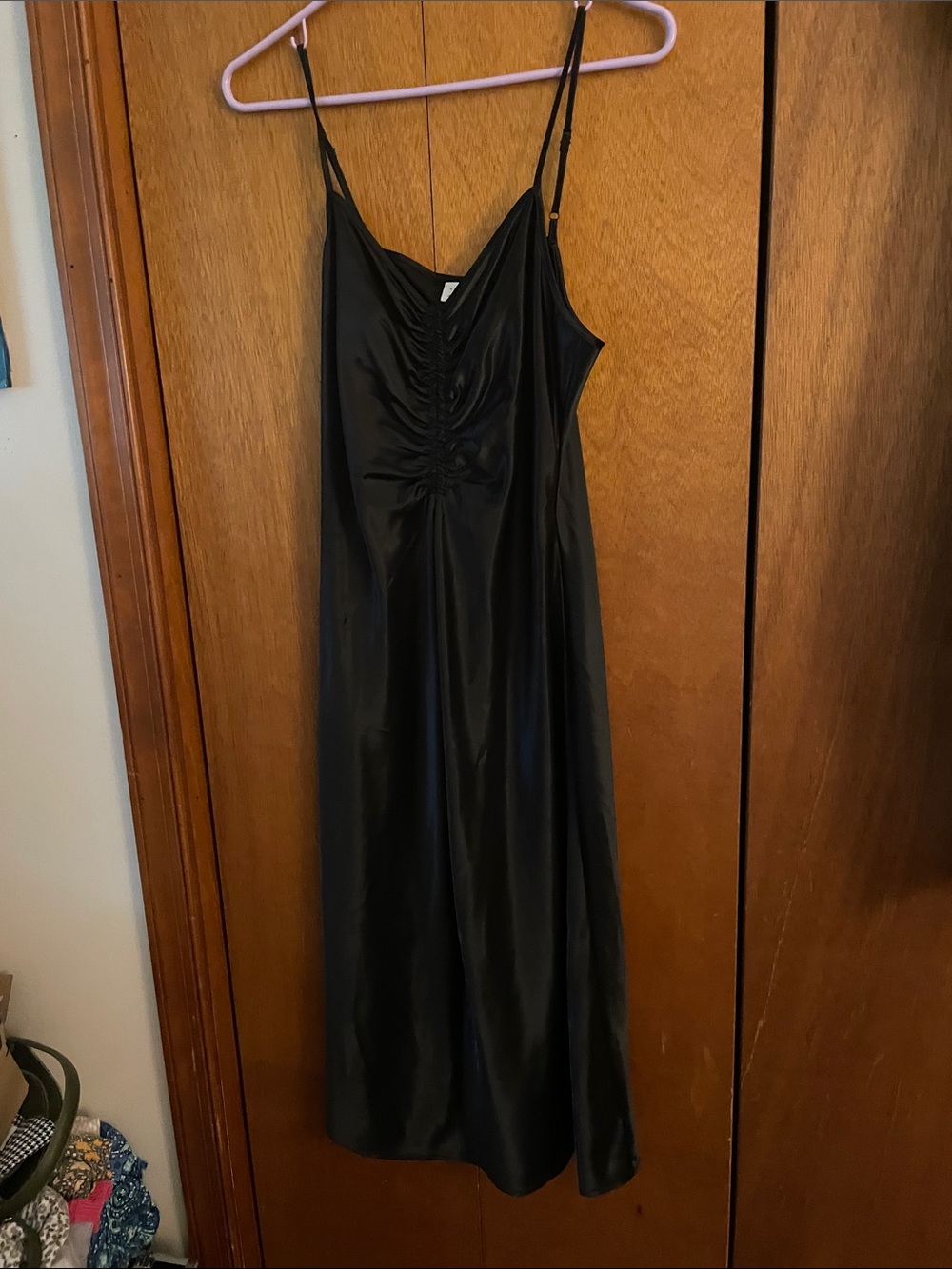 a new day Black Satin Ruched Midi Slip Dress
